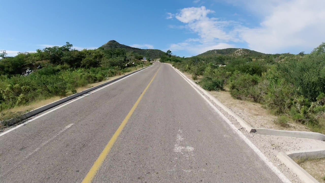 The road continues straight through dense green vegetation in Los Cabos, with pale shoulders, a clear yellow line, rocky hills ahead, and no visible people.