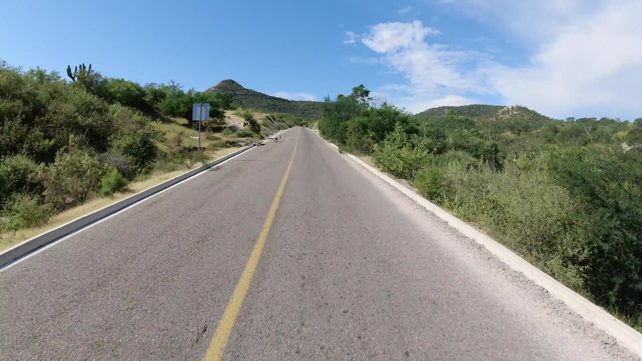 A straight Los Cabos roadway runs through dry green roadside brush toward distant hills, with a small roadside sign and no visible people.