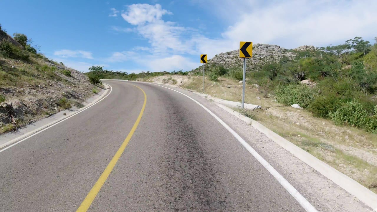 A Los Cabos road curves left between rocky slopes and scrub under a bright blue sky, with yellow curve signs ahead and no visible people.