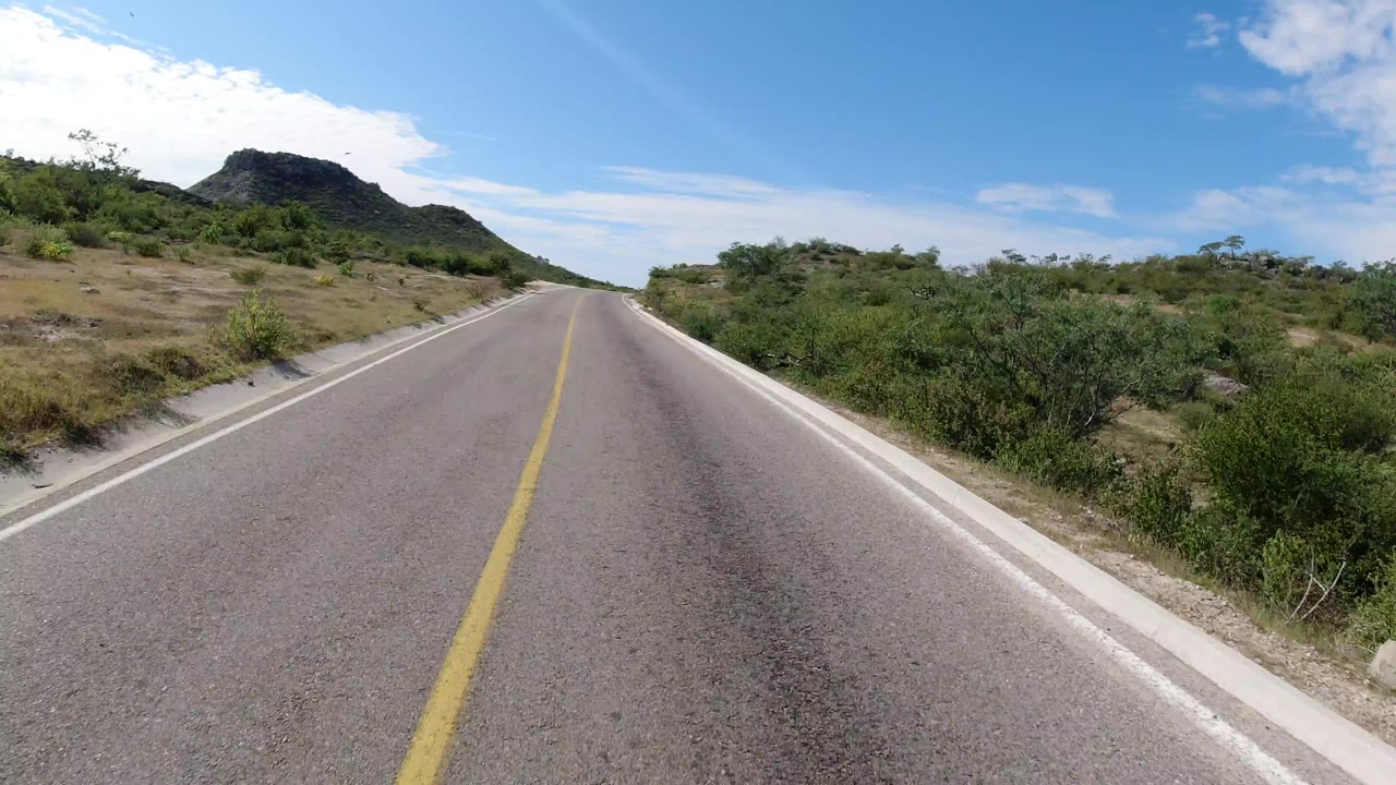 A centered road view in Los Cabos, Mexico, shows the yellow line running into the distance, green roadside brush, a rounded hill left of center, and no visible people.