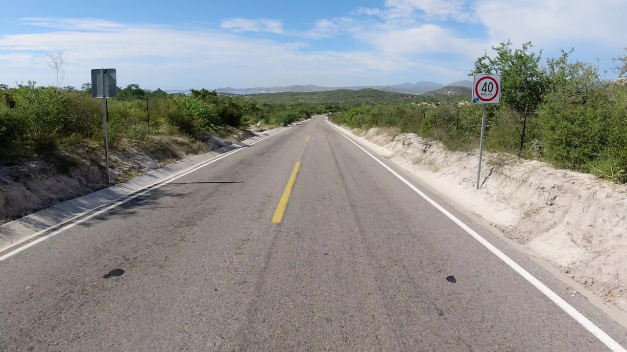 Roadway with speed-limit sign and scrub along the shoulder.
