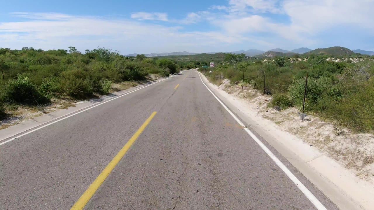 The road remains centered in Los Cabos, Mexico, with a yellow line leading toward low hills, dense roadside shrubs, pale sand, and no visible people.