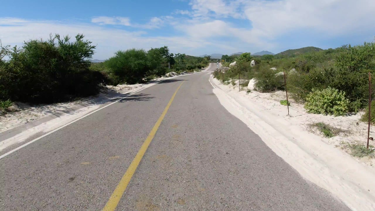 Paved road through sandy green scrub under blue sky