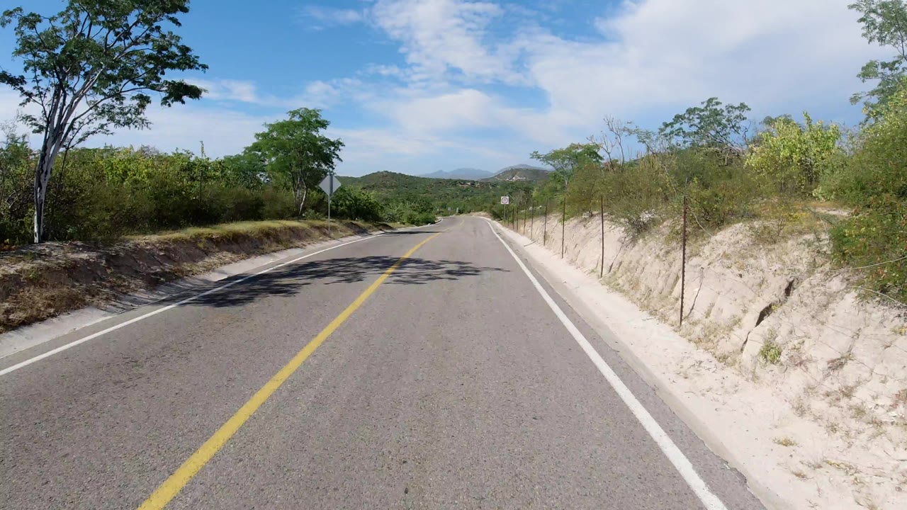 Los Cabos roadway continues between sandy cut banks and green brush, with a gentle curve ahead, low hills in the distance, and no visible people.