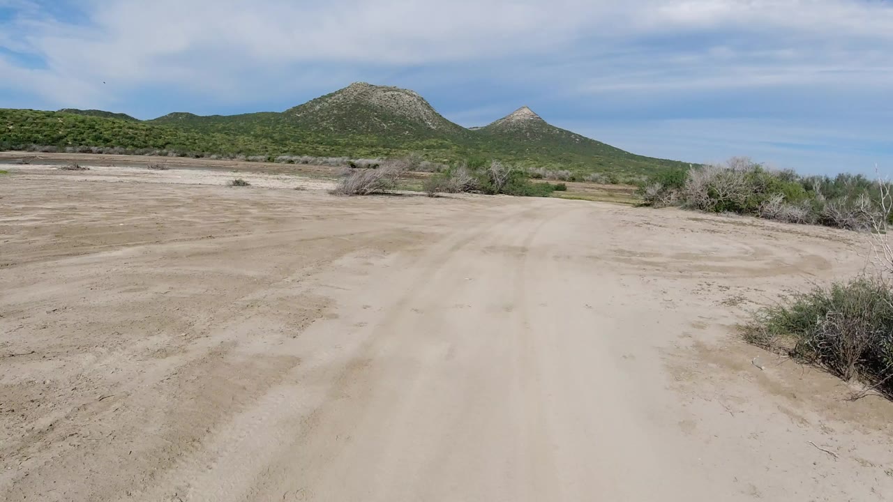 A pale sandy dirt road crosses dry open ground toward low green hills in Los Cabos, Mexico, with scattered shrubs and no visible people.