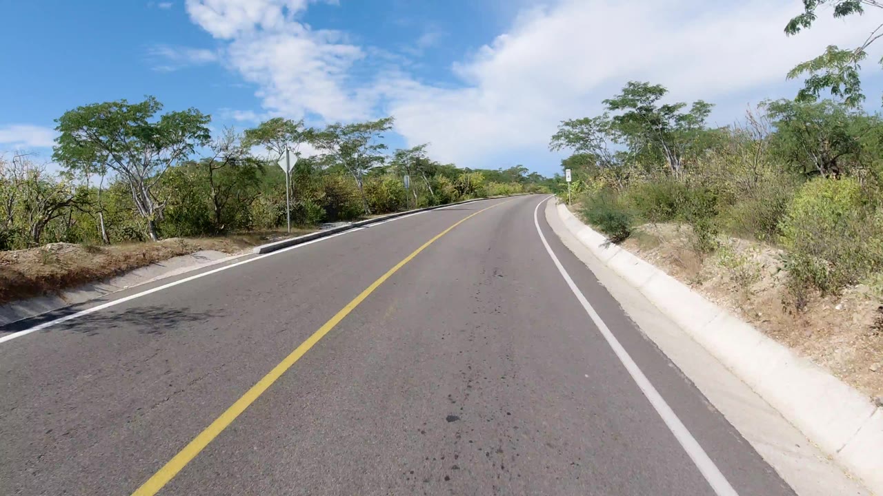 Los Cabos roadway view one second in, with the lane centered, dry brush tight to both shoulders, trees on the horizon, white clouds overhead, and no visible people.