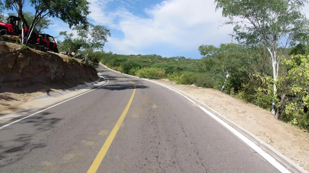 Curving two-lane road bordered by trees and dry brush.