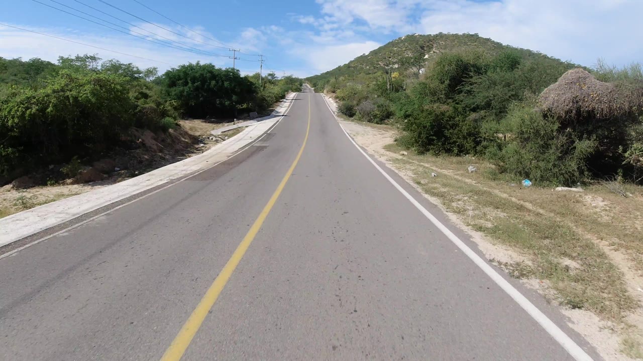 Curving roadside with scrub vegetation and hill in bright sun.