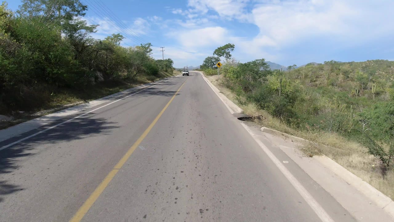 The vehicle-mounted view continues along a Los Cabos paved road with trees casting shade on the left, open brush on the right, distant hills, and no visible people.