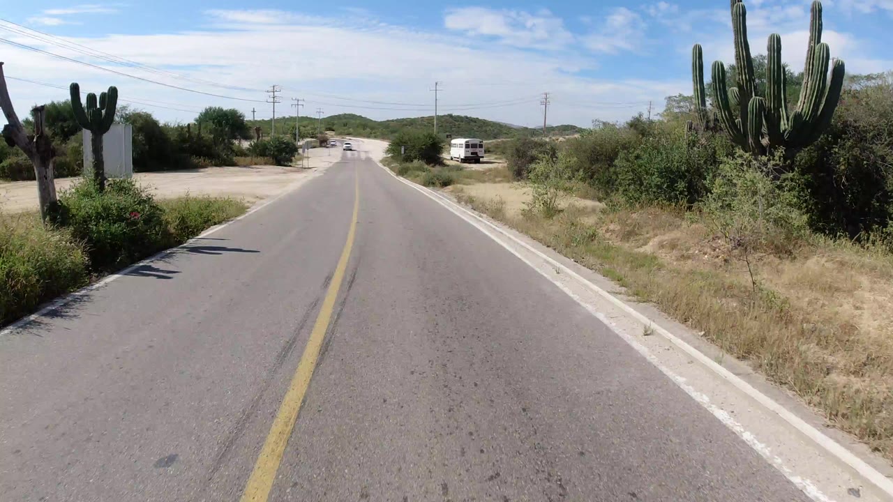 Los Cabos road view with a yellow center line, sandy shoulders, tall cacti, dry brush, utility poles, and no visible people at the opening frame.