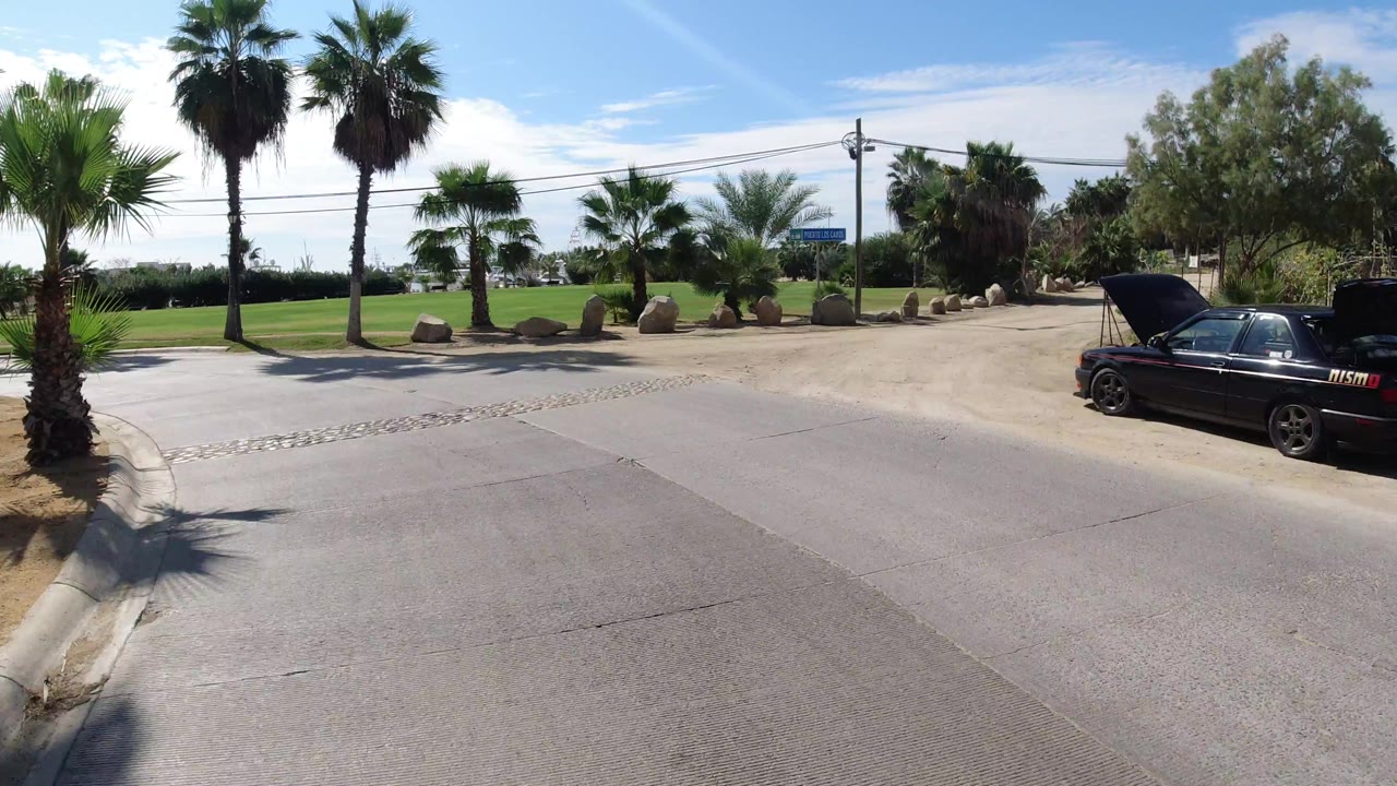 A wide Los Cabos, Mexico roadway bends beside palm trees and maintained grass as a black car remains near the curb, with no visible people.