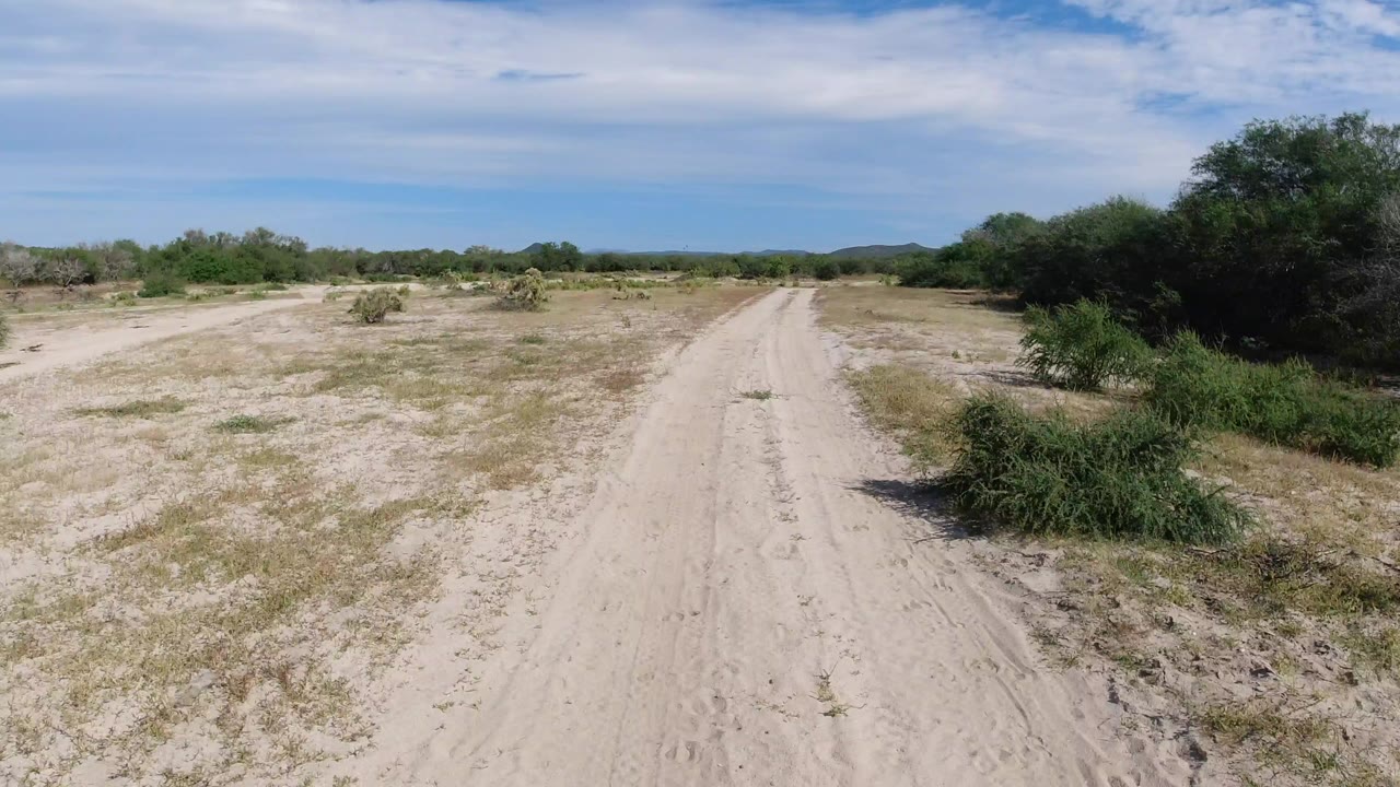 Opening frame of a sandy dirt path in Los Cabos, Mexico, bordered by dry scrub and dense brush at right, with distant low hills and no visible people.