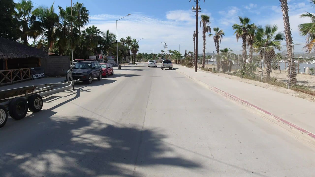 Road-height view in Los Cabos shows a pale street lined with palm trees, parked cars, a shaded roadside structure, utility poles, and no visible people.