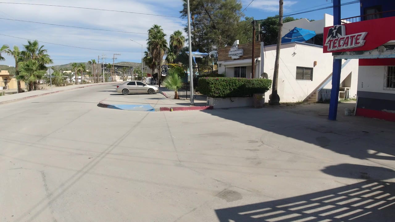 Sunny street corner with Tecate sign, palms, parked car, and low buildings