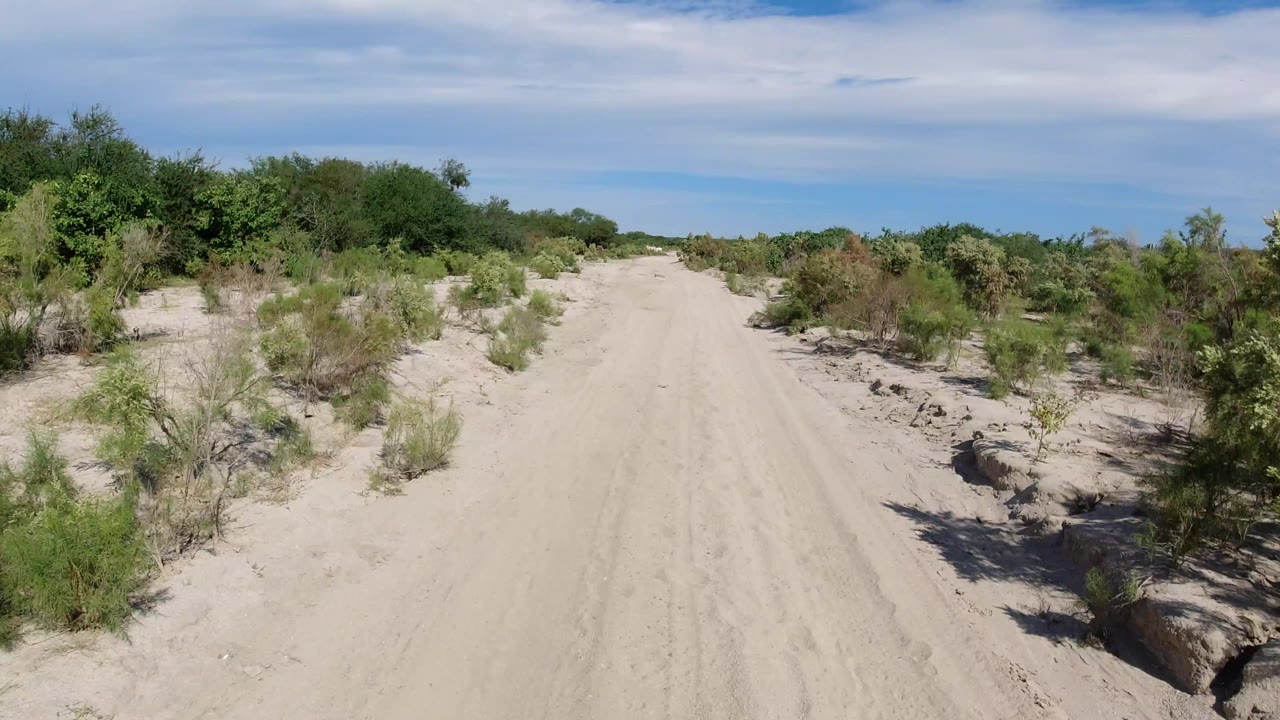 Early frame on a pale sandy road in Los Cabos, Mexico, with brush thickening on both sides, a low horizon, streaked clouds, and no visible people.