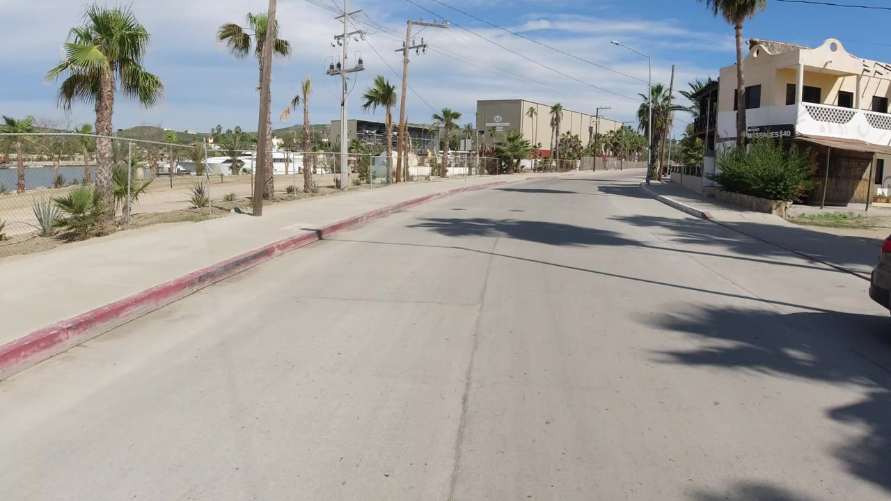 Forward street-level view in Los Cabos, Mexico showing a quiet paved road, red curb, palm trees, utility poles, fenced lots, low buildings, and no visible people.