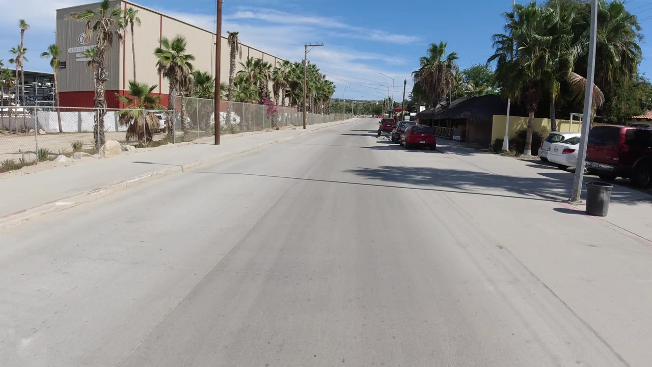Wide street view with palms, beige building walls, parked cars, and a shaded roadside structure.
