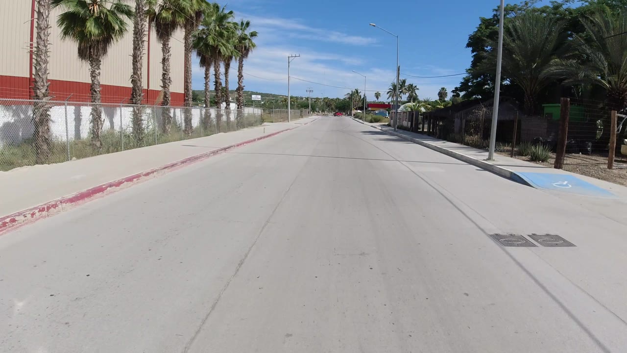 The Los Cabos road remains centered as the white wall, palm trunks, fenced lot, sidewalk, and clear blue sky frame the scene with no visible people.