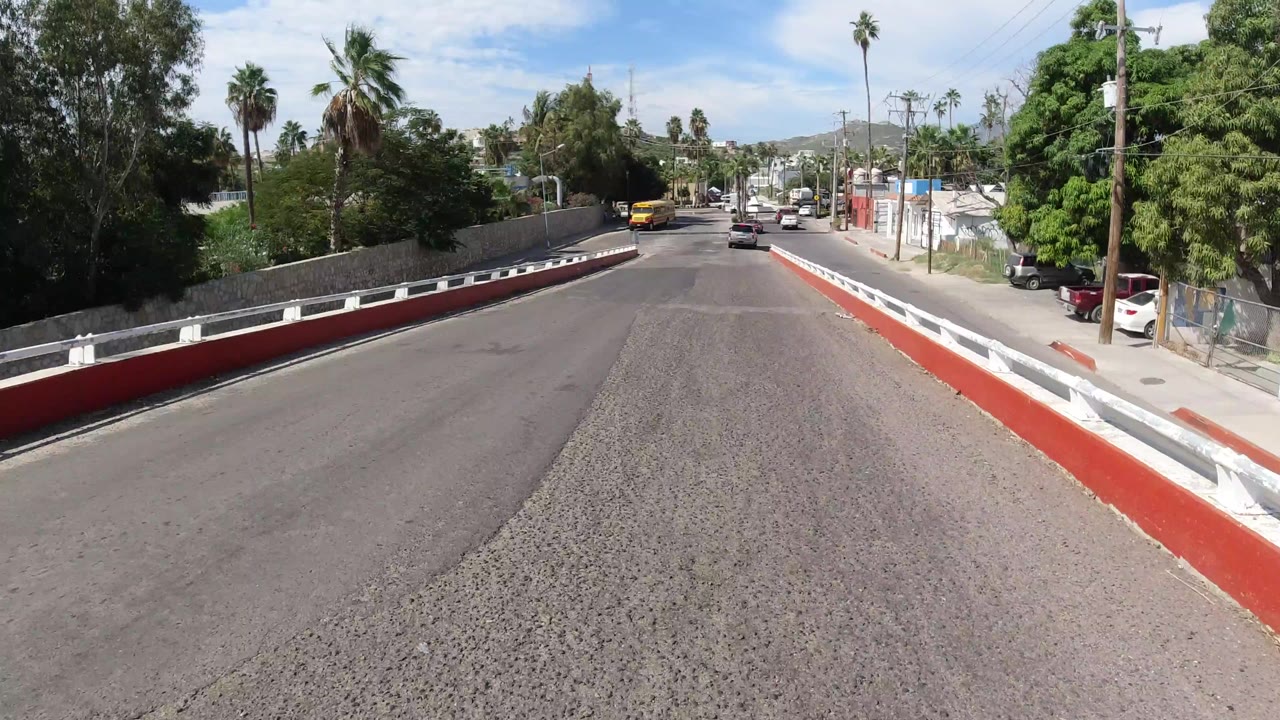 Los Cabos street scene with the roadway centered, a yellow bus farther ahead, cars in traffic, palms, walls, utility lines, and no visible people.