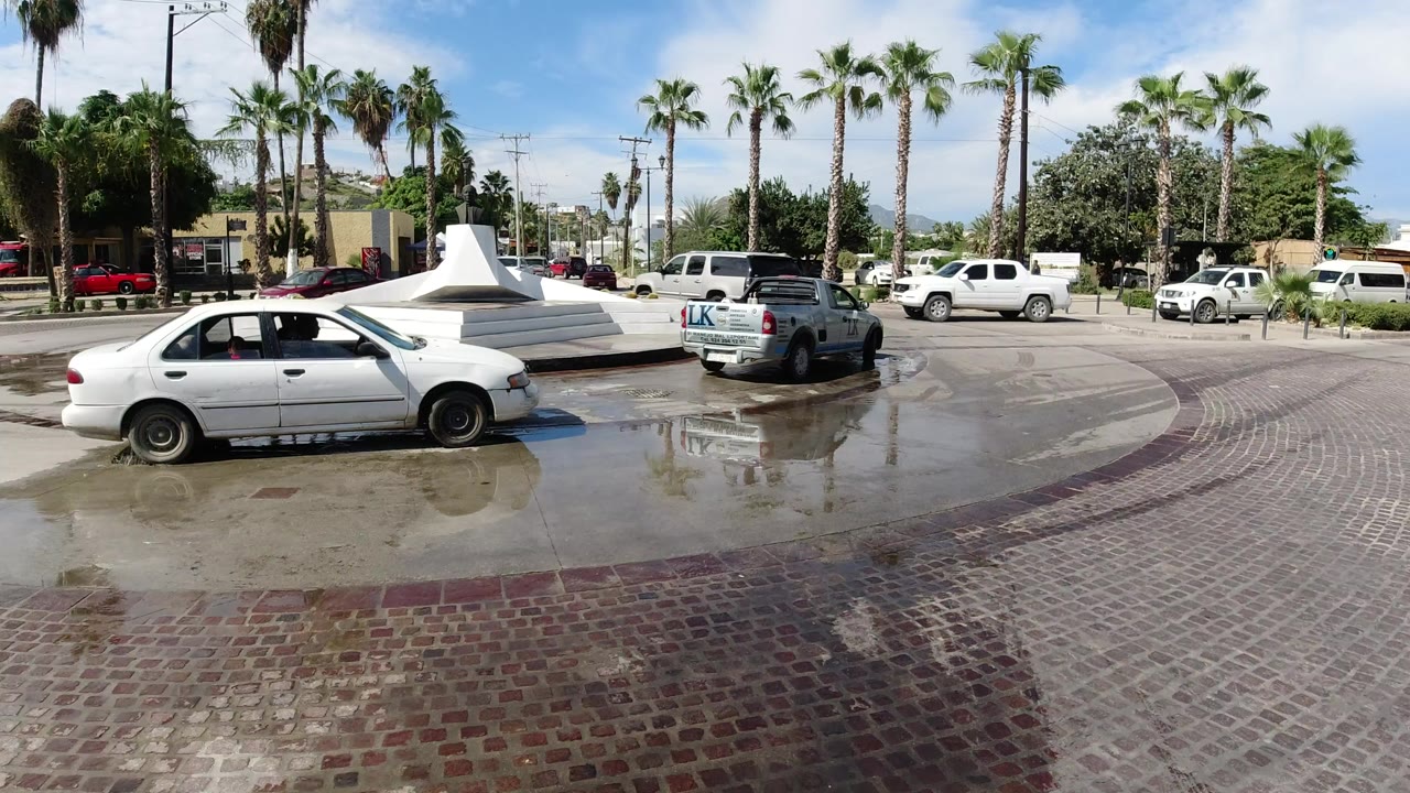 White sedan passing a wet roundabout with palm trees.