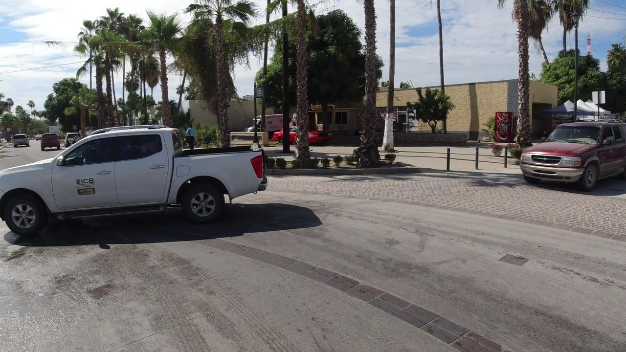 White pickup truck crossing a palm-lined street by a shopping center.