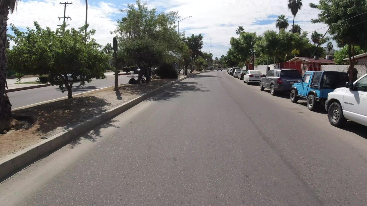 Los Cabos street view with a blue vehicle and a white jeep parked near a red wall, trees over the curb, and no visible people.
