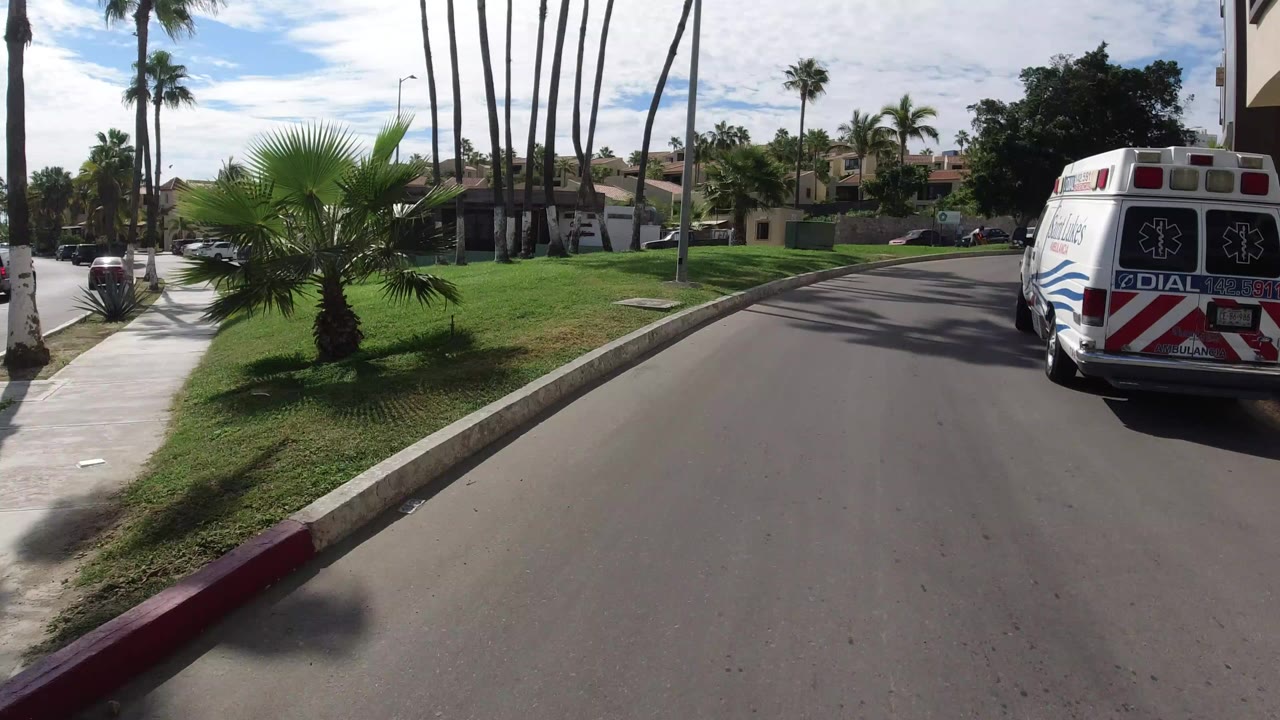 Ground-level Los Cabos street view with an ambulance ahead, palm trees, green lawns, parked vehicles, bright sun, and no visible people.