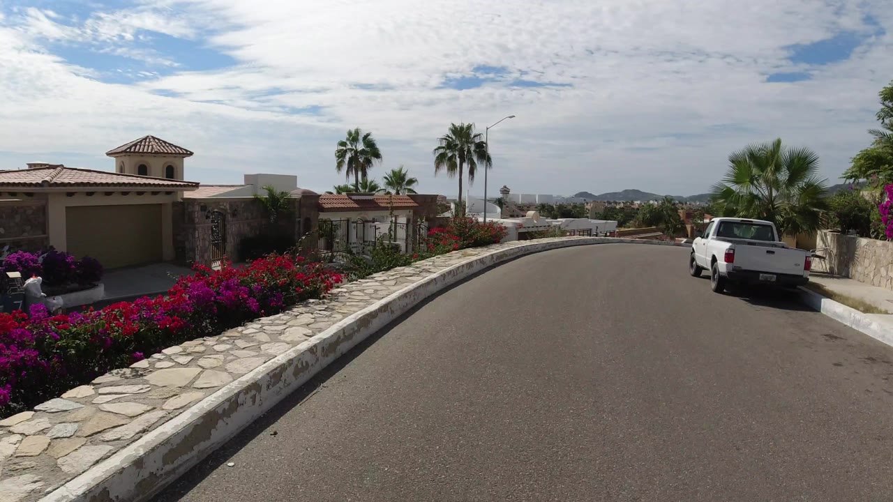 Los Cabos street view one second into the clip, looking past a stone curb and pink flowers toward a stucco residence, palm trees, a white pickup, distant hills, and no clearly visible people.