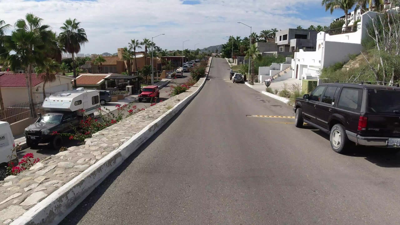 Residential street with parked vehicles, white homes, palms, and stone curb.