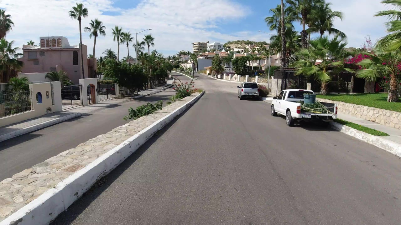 Residential road with palm trees, stucco homes, and parked cars
