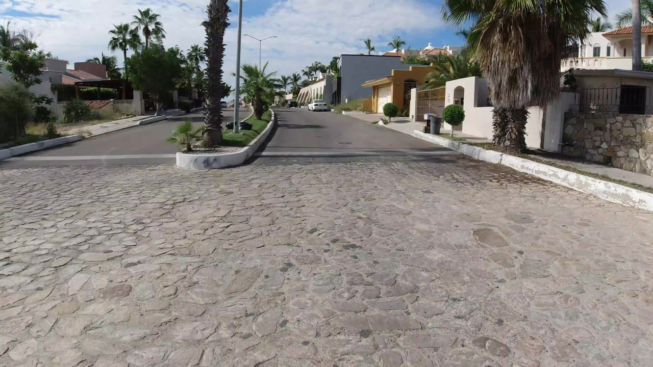 Divided residential street with palm median and stucco homes