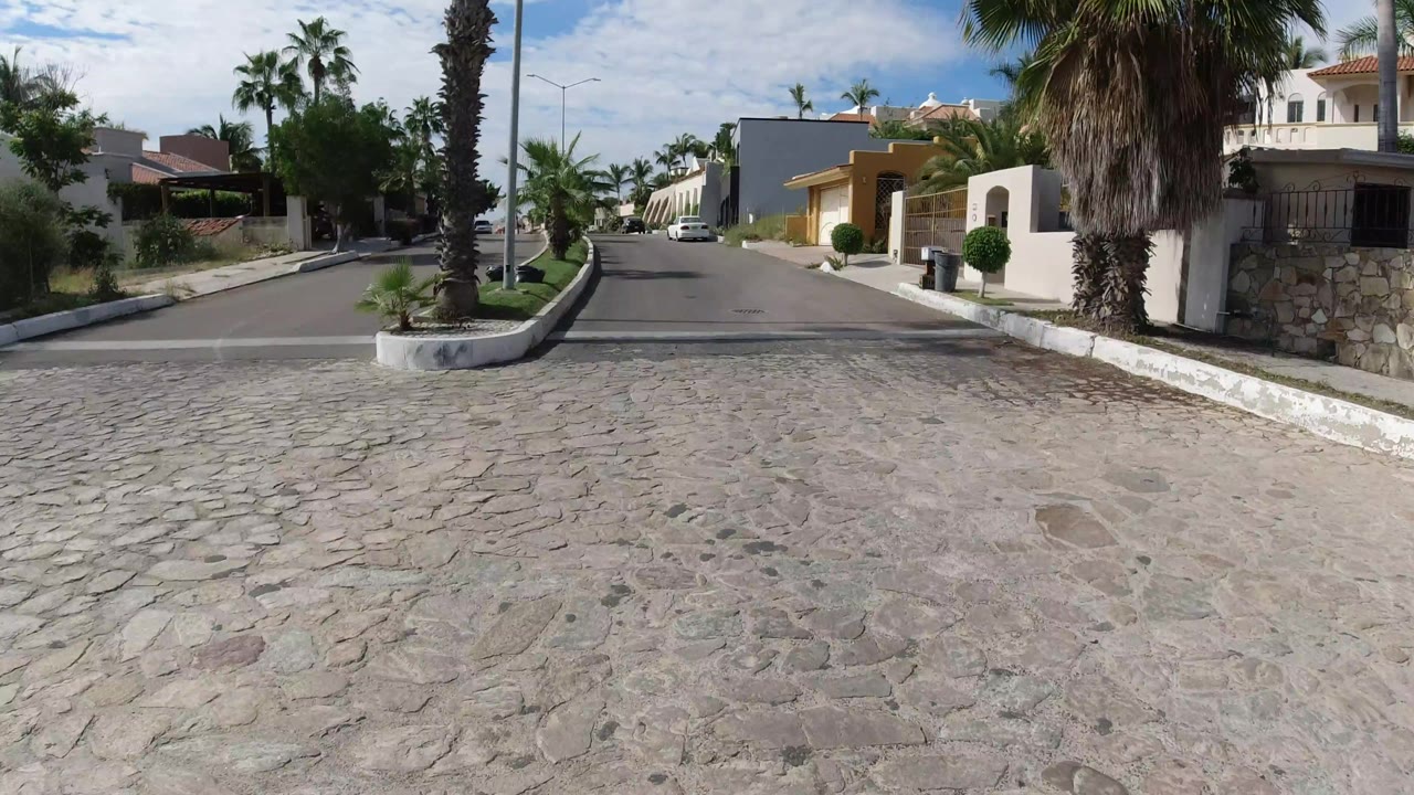 Forward street view in Los Cabos, Mexico, showing the planted median, palm trunks, white boundary walls, modern residential buildings, and no visible people.