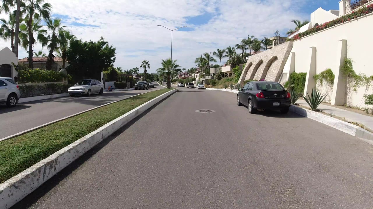 Los Cabos street view looking down a divided road past cream perimeter walls, parked cars, palms, and no visible people.