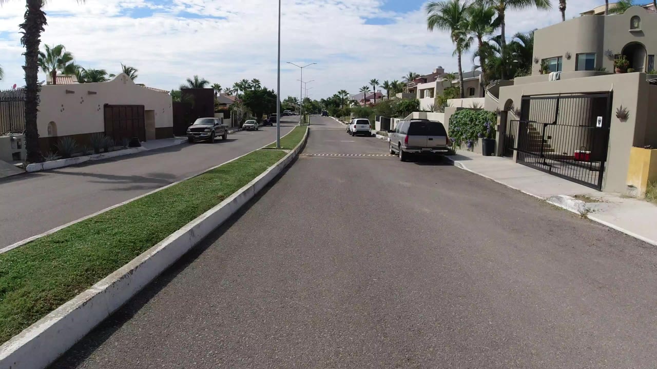 Residential road with walled houses, parked cars, palm trees, and a grassy median.