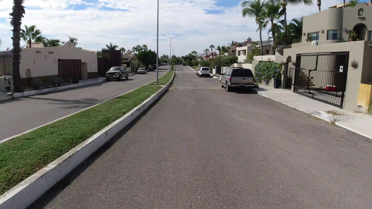 Los Cabos street view with a beige walled house and gate on the right, a parked SUV by the curb, palm trees above the roofs, and no visible people.