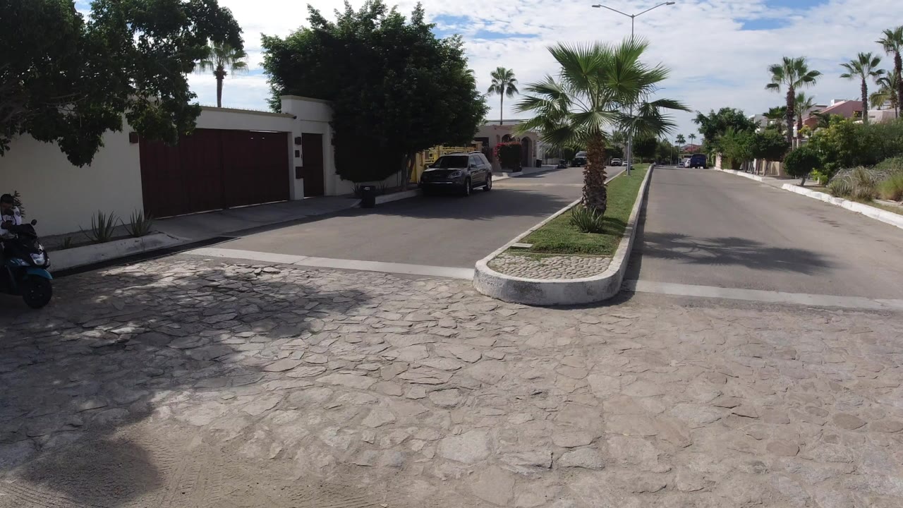 Street-level view in Los Cabos showing a white wall, red gate, palm trees, a parked car, stone paving in the foreground, and no visible people.