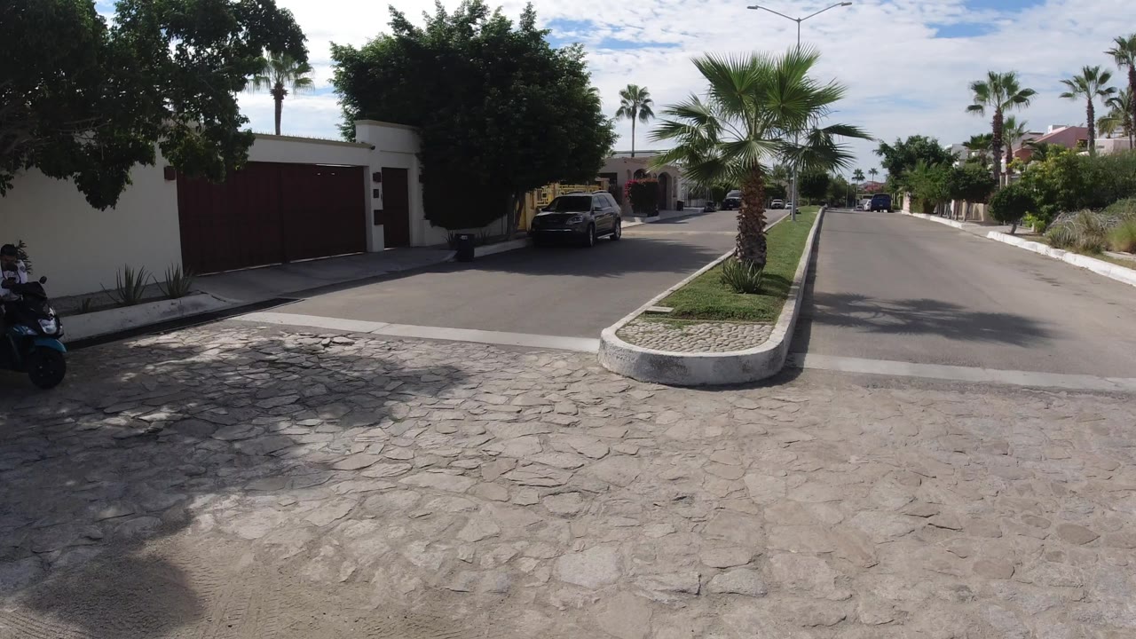 Forward street view in Los Cabos with a red gate on the left, a narrow planted median with a palm, parked cars ahead, and no visible people.