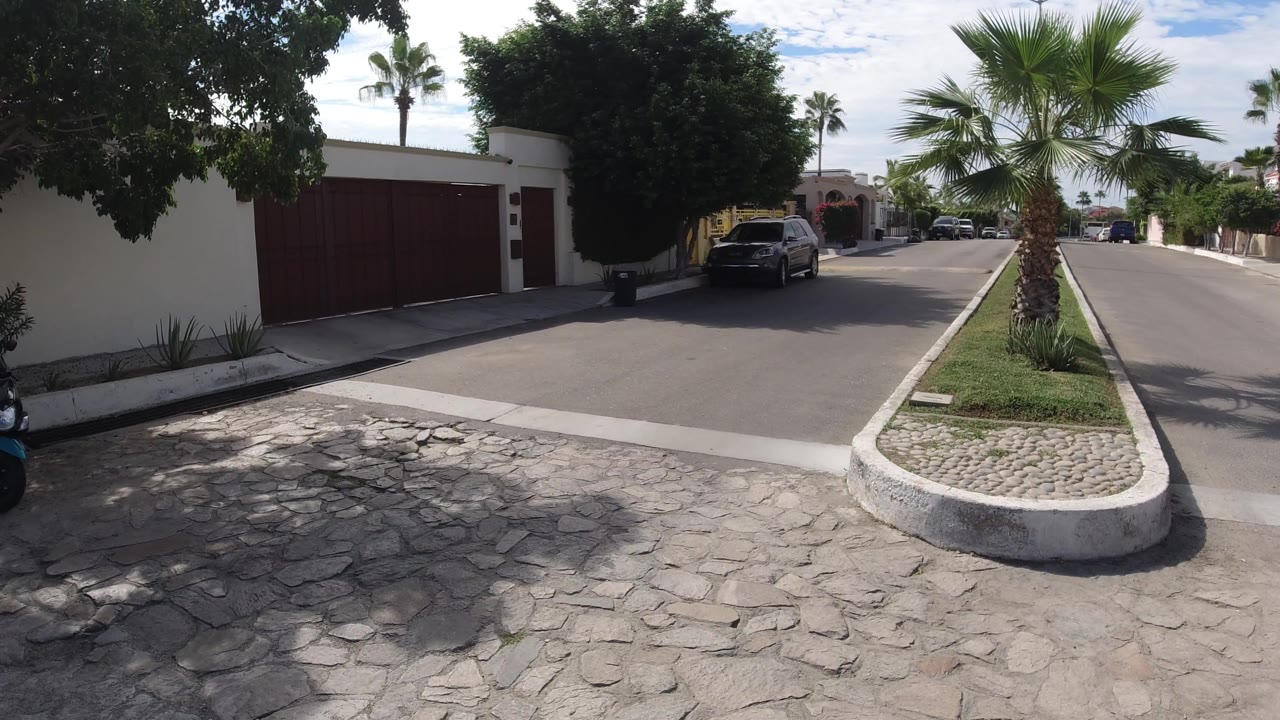 Quiet street bordered by gated walls, trees, and parked vehicles