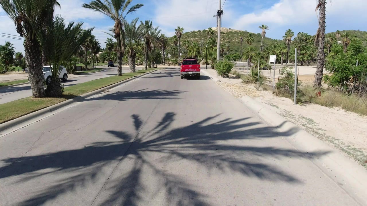 The red pickup remains centered on the Los Cabos road as the elevated view shows palm trunks, sandy roadside ground, a curb, and no visible people.