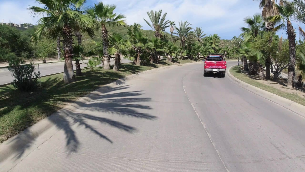 Red pickup continues away along the curved road in Los Cabos, Mexico, with palms on both sides, a light pole at right, and no visible people.