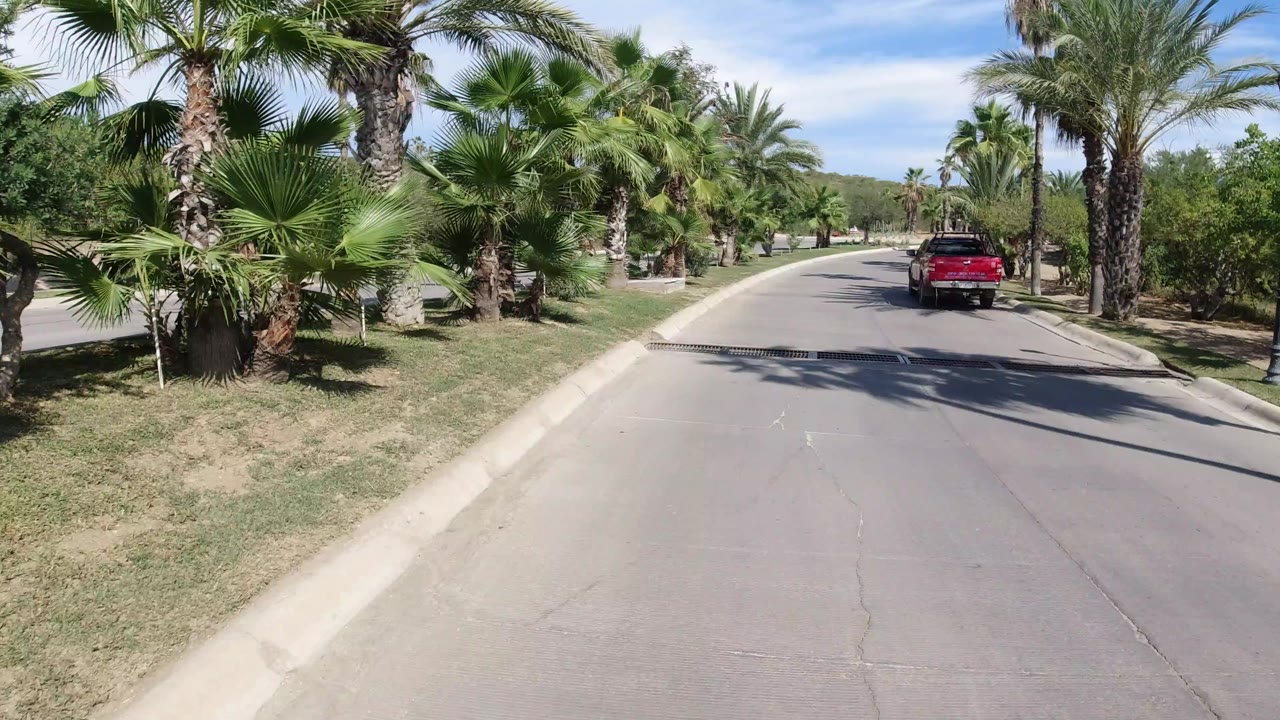 The camera view continues along the Los Cabos road as the red pickup moves farther ahead between palm trees, curbs, grass, and roadside planting with no visible people.