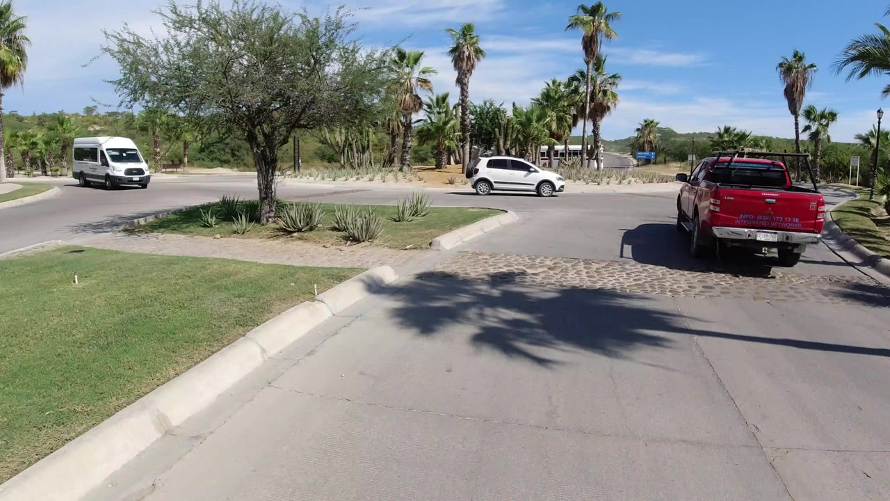 Palm-lined roundabout with a red pickup and white vehicles