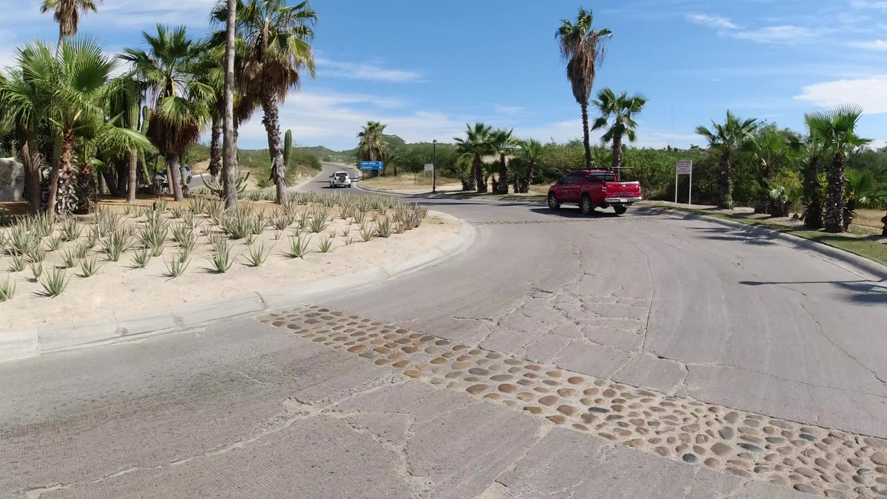 Los Cabos, Mexico roadside curve with a red pickup passing near palm trees, a cactus at left, sandy landscaping, road signs, distant vehicle, and no visible people.