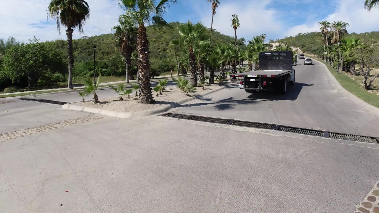 Flatbed truck driving away past palms and planted median areas.