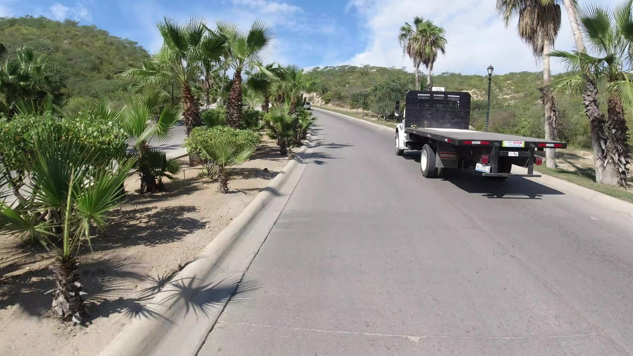 A white flatbed truck moves farther along a Los Cabos road with palms close to the curb, planted shrubs, low hills, and no visible people.