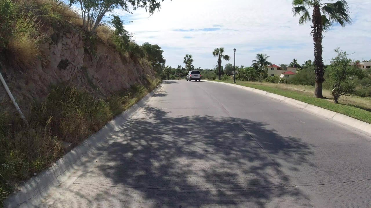 Los Cabos roadway view with a vehicle centered ahead, a dry cut bank at left, palms at the roadside, bright clouded sky, and no visible people.