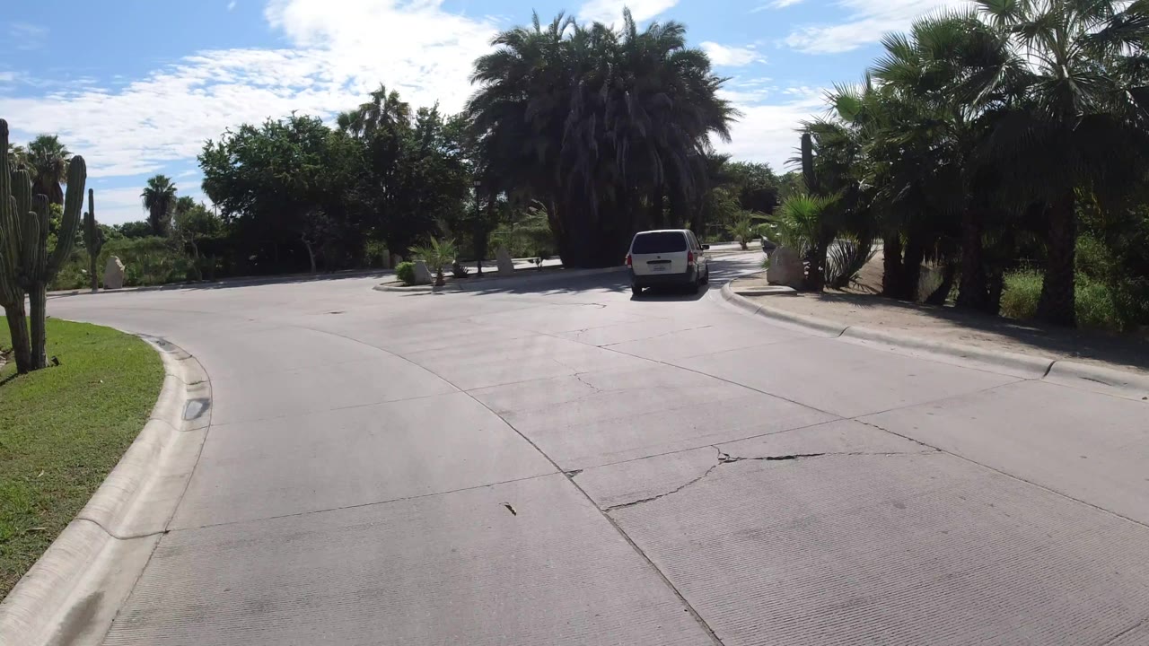The white vehicle continues along a wide Los Cabos roadway bordered by palms, cactus, trimmed greenery, curb landscaping, and no visible people.