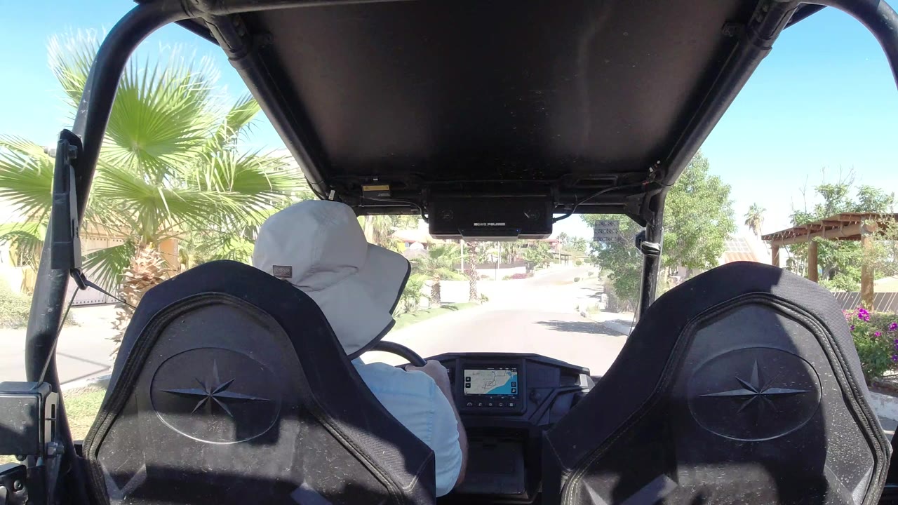 View from inside an open vehicle behind two black seats on a sunny palm-lined street.