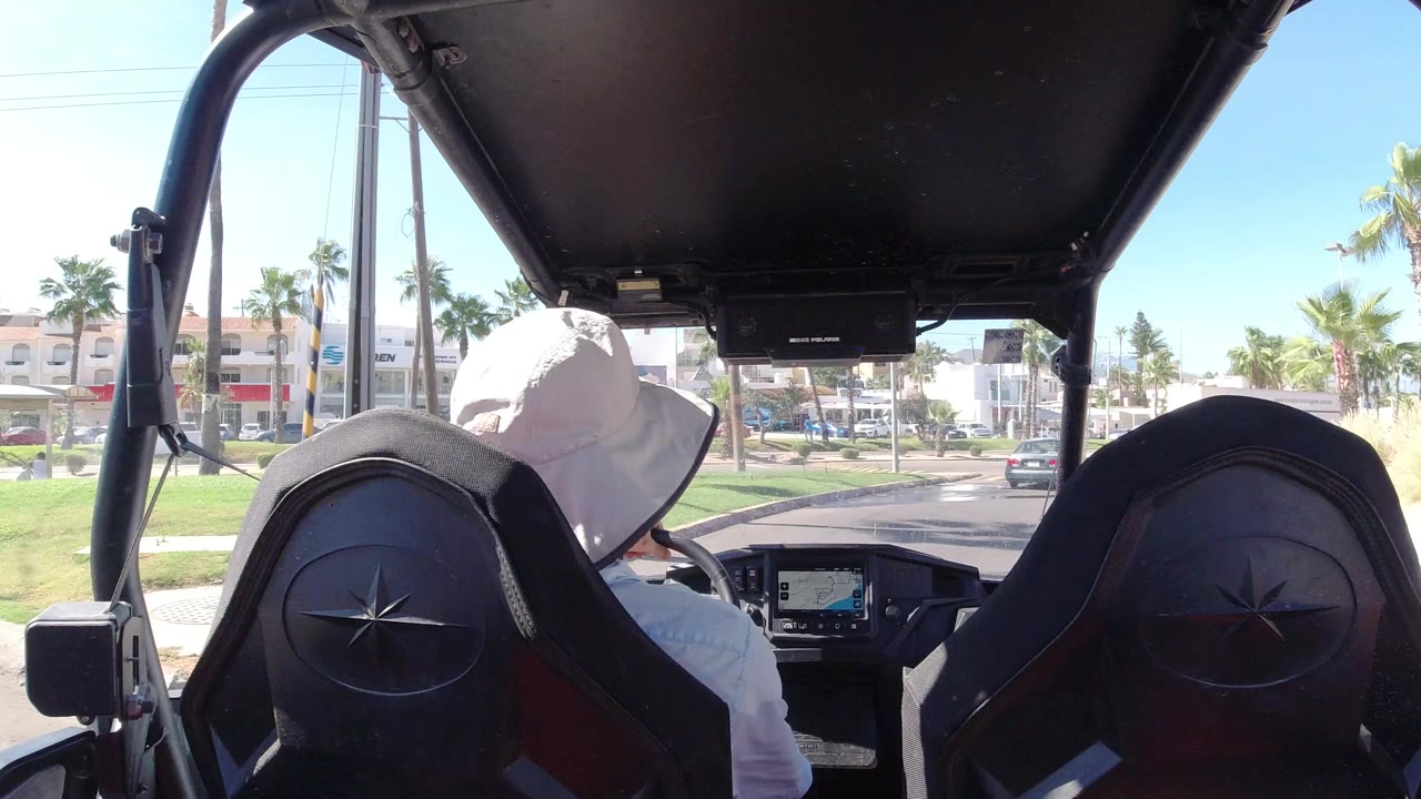 Rear passenger view inside an open vehicle on a palm-lined street.