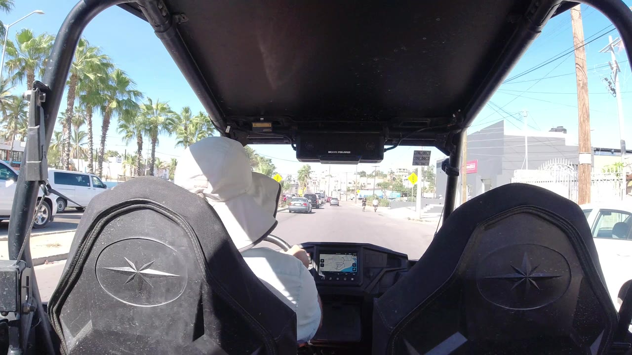 Rear-seat view from an open vehicle in Los Cabos, looking past black seats and a driver in white toward a sunny palm-lined street with no visible face.